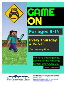 Flyer for game club every Thursday.