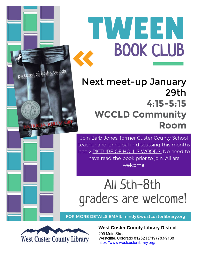 Flyer and link for more info for Tween Book Club meeting 1/29